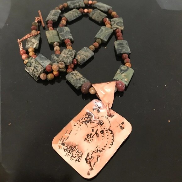 Copper Phoenix Eagle Dog Tag Mookite Jasper Necklace Long Gemstone - Picture 4 of 10